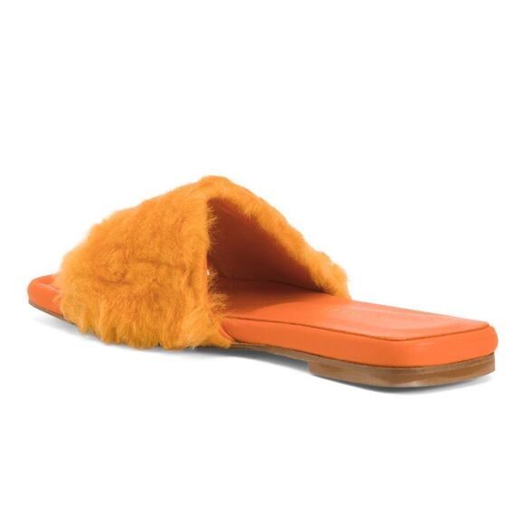 BEAUTIISOLES Faux Fur Sofie Slide Orange Shearling Leather 7.5 NIB - Picture 2 of 11